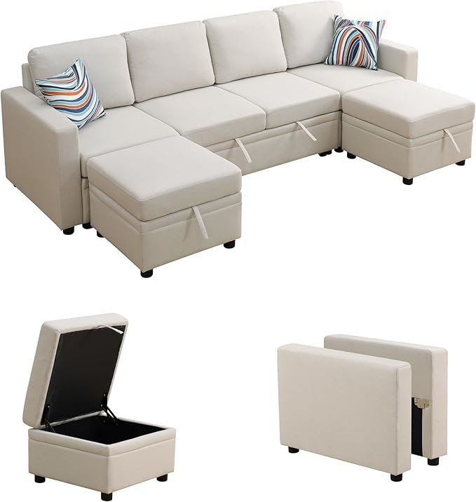 FONTOI 102 Inch L Shaped Sectional Couch with Pull Out Bed 6-Seat Sleeper Sofa with Storage Ottoman Convertible Sofa Bed for Living Room Apartment Off White