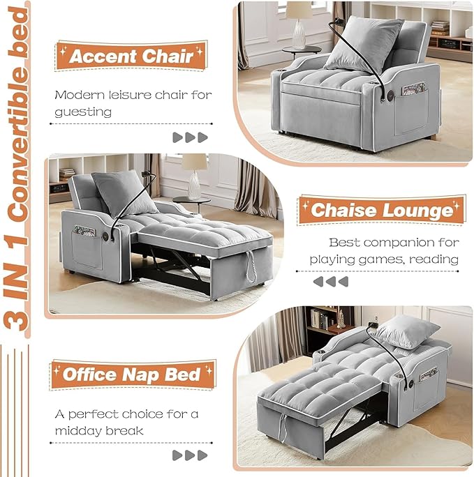 Sleeper Sofa Chair Bed 3 in 1 with Charging Ports Phone Holder &amp Cup Holders - Modern Velvet Convertible Pull Out Single Sofa Bed for Small Spaces Apartment Dorm (Light Gray)