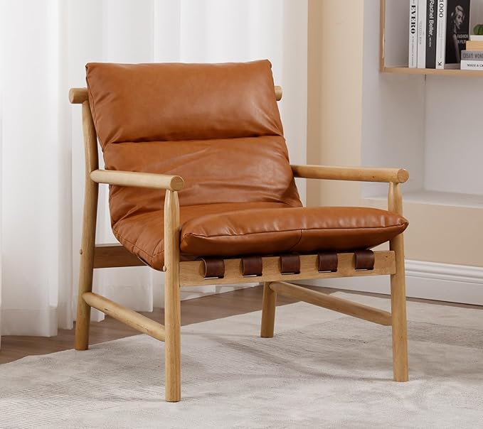 Mid Century Modern Sling Accent Chairs Set of 2 Faux Leather Living Room Chairs with Solid Wood Frame Comfy Upholstered Single Sofa Armchair for Lounge/Bedroom/Reading Brown