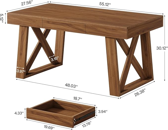 Tribesigns 55 Wide Desktop Executive Desk with Drawer Retro Brown Computer Office Desk Modern Wood Business Workstation Table for Home Office