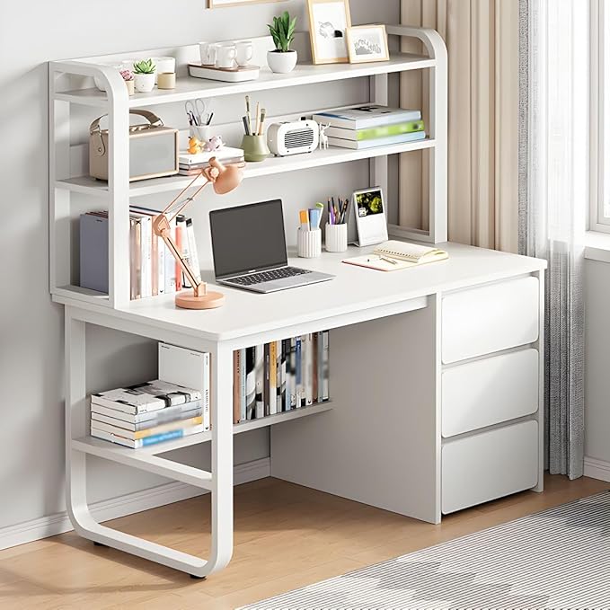 CraftThink Writing Desk Rectangular Study Table with 3-Drawer and Storage Shelves Computer Desk Work Table with Hutch for Home Office Without Chairs (Grey Desk 39.5 L x 19 W x 56.5 H)