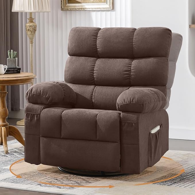 Swivel Rocker Recliner Chair for Adults 360° Upholstered Manual Recliners for Small Spaces Single Seat Glider Reclining Chair with Side Pockets Ergonomic Reading Chair for Living Room RV Bedroom