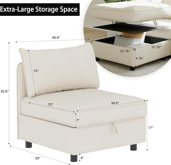 129” Modular Sectional Sofa Convertible 6 Person U Shaped Couch with Storage 2 Removable Ottomans &amp Deep Seats Memory Foam Comfy Modular Couch for Living Room (Beige 6 Seat)