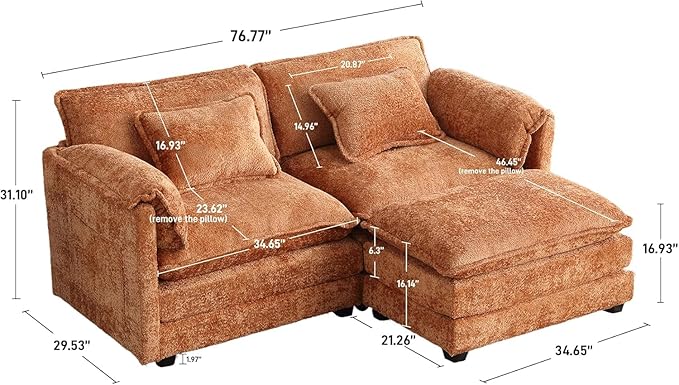 Modern 77 L Shaped Sectional Sofa Cloud Couch Chenille Comfy Boucle Modular loveseat Sofa Upholstery Sofa with Ottoman &amp Memory Foam for Living Room Orange