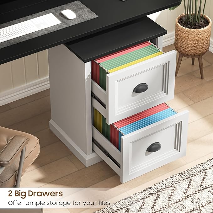 Vertical File Cabinet Filing Cabinet with 2 File Drawers Farmhouse Small File Cabinet Fits Letter/A4 Size Wooden Printer Stand Under Desk Cabinets for Home Office White and Black