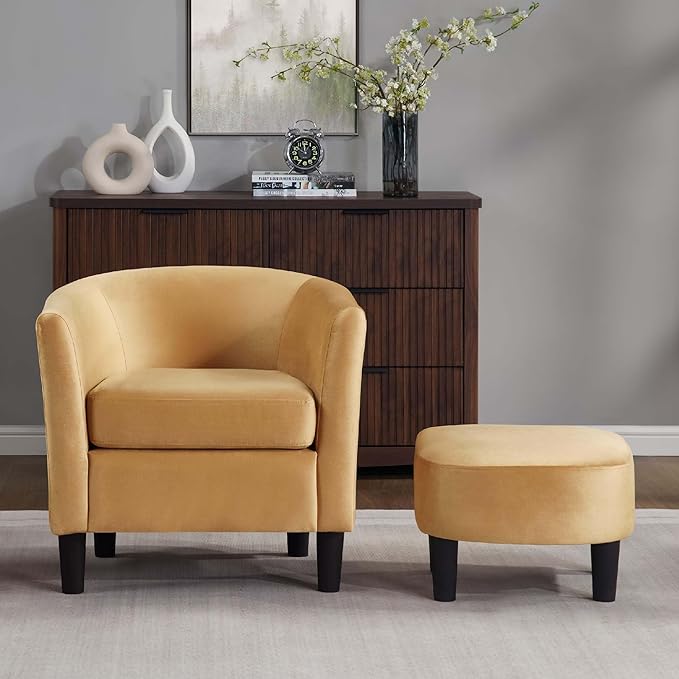 Green Swivel Accent Chair with Ottoman 360° Barrel Chairs with Foot Stool Comfy Reading Chair with Removable Pillow &amp 2 Armrest Covers for Living Room Small Spaces Bedroom (Chenille Yellow)
