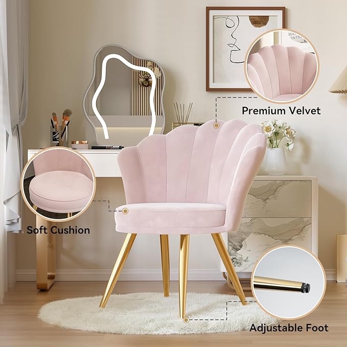 Velvet Accent Chair with Gold Metal Legs Vanity Chair for Makeup Room Upholstered Guest Chair for Living Room for Bedroom Light Pink