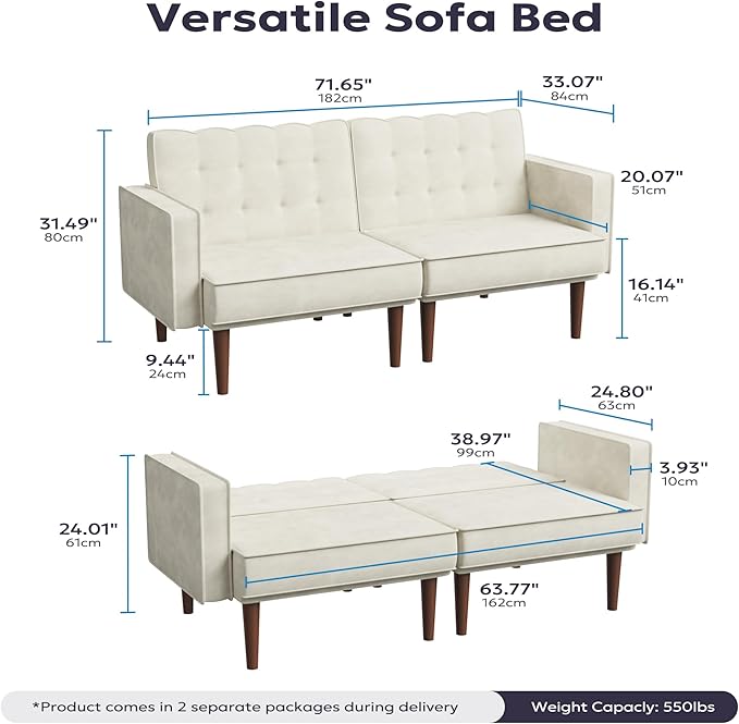 71 Velvet Futon Sofa Bed Versatile Loveseat Couch Sleeper Sofa with Adjustable Backrest Mid Century Modern Futon Couch for Small Space Living Room Office &amp Apartment Velvet Fabric Beige