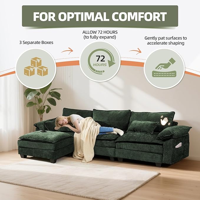 108 Modular Sectional Sofa Comfy Cloud Couch with Ottoman &amp USB Port for Living Room L Shaped Modern Chenille Couches with Throw Pillows for Bedroom Apartment Green