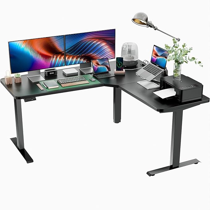 Marsail Corner Stand Up Desk Adjustable Height with 4-in 1 Electical Outlet L Shaped Electric Standing Desk with Headphone Hook Stand up Desk for Home Office Sturdy Writing Workstation Black