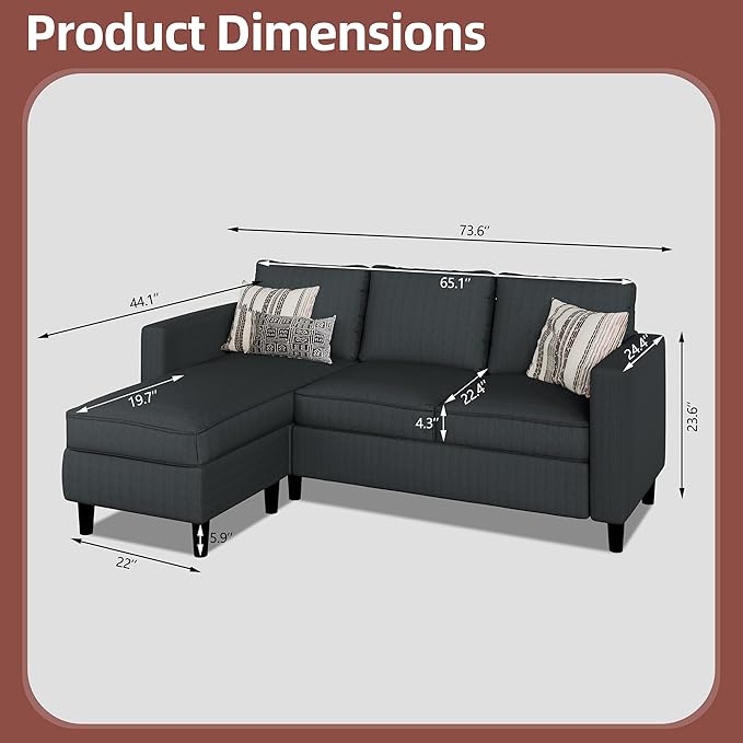 JAMFLY Sectional Sofa Couch Convertible L Shaped Sofas with Ottoman Small Sectional Couches for Living Room 3 Seater Couch for Small Spaces Dark Grey