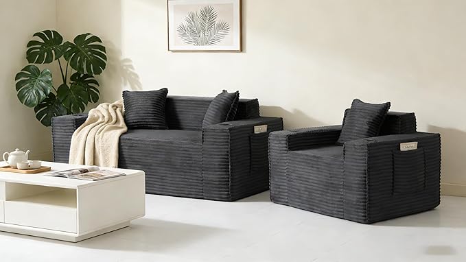 Boneless Sofa Couches with Cup Holder for Compact Living Rooms Apartments (Gray Single Chair+Loveseat) | No Assembly Required 2-Seater Sofa mini couch cup holder boneless loveseat side pocket