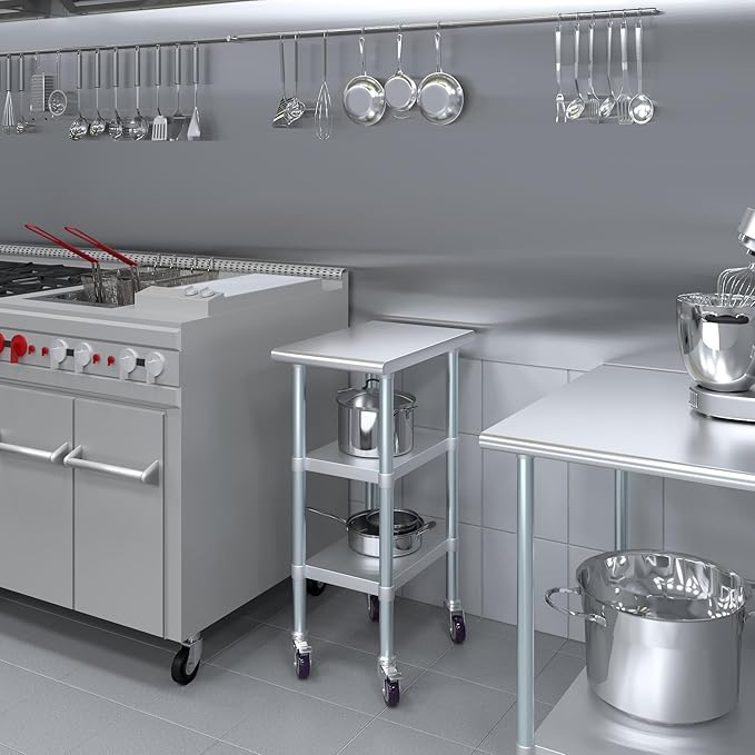 AmGood Stainless Steel Work Table with 2 Shelves and Casters | Metal Utility Table On Wheels (Stainless Steel Work Table with 2 Shelves + Casters 15 Long x 24 Deep)