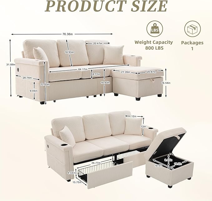 76'' Sectional Sofa Couches for Living Room 3 Seat L-Shaped Couch with Storage &amp Ottoman Corduroy Convertible Sofas with Chaise Apartment with USB Charging Cup Holder (Beige)
