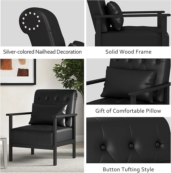 AODAILIHB Black Accent Chair Set of 2 Mid Century Modern Living Room Chairs Armchairs Waiting Room Chairs Small Accent Chair Comfy Leather Side Chair for Living Room Office with Pillow (2 Black)