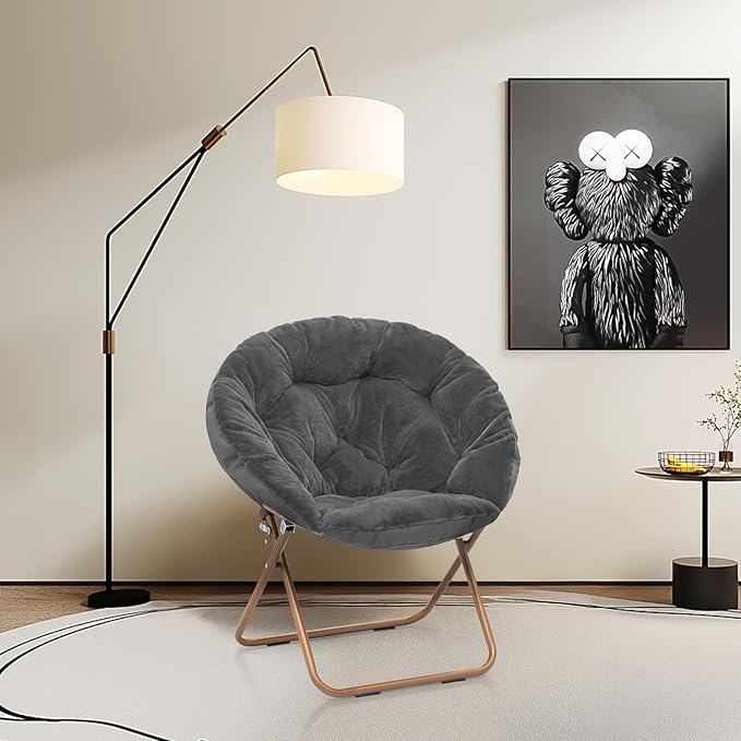 Round Saucer Chair for Teens and Adults Faux Fur Folding Living Room Cozy Moon Chair (Gray)