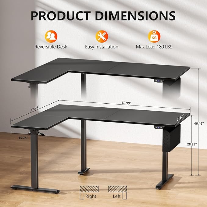 L Shaped Electric Standing Desk63 Inch Adjustable Height Sit to Stand Corner Desk with Memory Presets Reversible Computer Table for Home Office Work and Study Black
