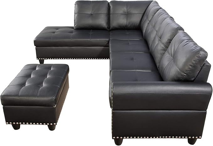 EMKK Faux Leather L-Shaped Sectional Sofa with Storage Ottoman Nailhead Rivet Hemming Upholstered Modular Couch w/Reversible Cup Holder for Living Room Apartment