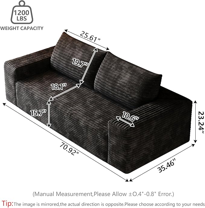 Modern Corduroy Loveseat Sofa2-Seater Cloud Couch with Memory Foam and Furry PillowsDeep Seat Small Sofa with Wide ArmrestsNo Assembly Couch in a Box for BedroomSmall Space (Black63in)
