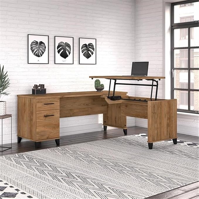 Pemberly Row 3 Position Sit to Stand L Shaped Desk 71W x 66D Engineered Wood Fresh Walnut Finish Lift-n-Lock System Wire Management File and Box Drawers Ergonomic Home Office Desk