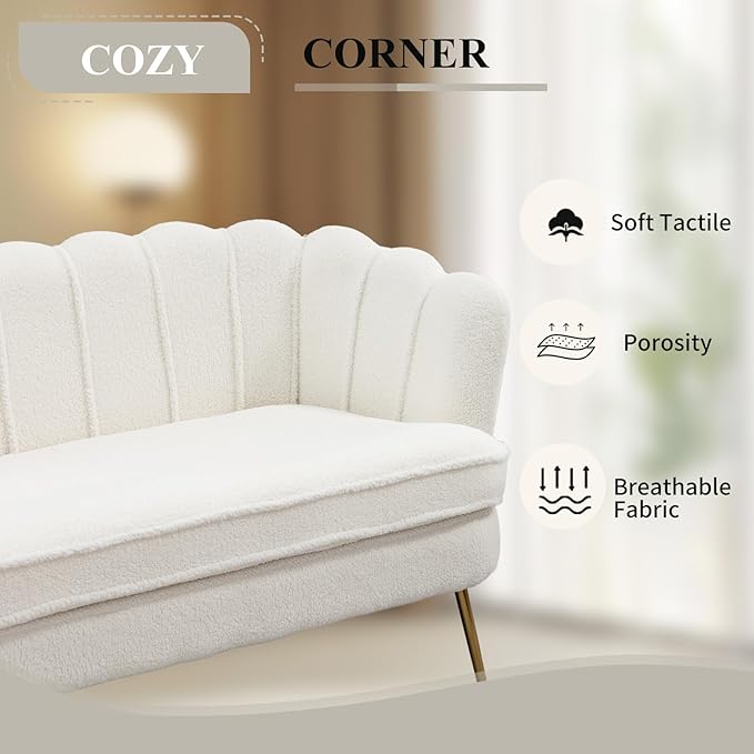 59 Wide Loveseat Sofa Boucle Upholstered Small Couch with Petal-Shaped Design Modern Leisure Sofa with Gold Metal Legs Mini Room Couch for Bedroom Apartment (Ivory-Boucle)
