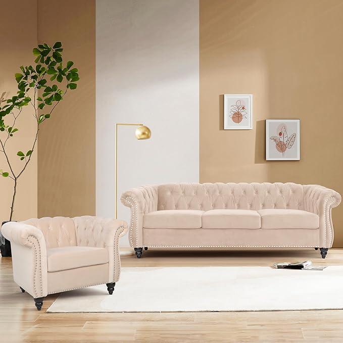 Chesterfield 3 Seater Sofa Sofa Couch with Rolled Arms Tufting Nailhead Trim Large Couch for Living RoomBedroom Office Apartment (Velvet Beige)