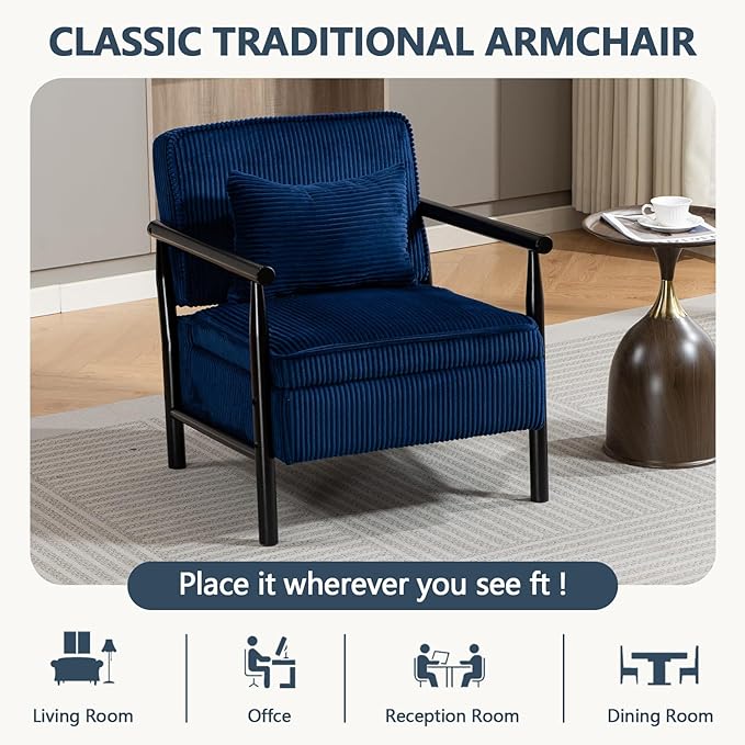 Blue Accent Chair with Storage 24 W Mid Century Modern Chair with Cushion Upholstered Corduroy Reading Chair with Wooden Legs Comfy Arm Chairs for Living Room Bedroom (Blue)