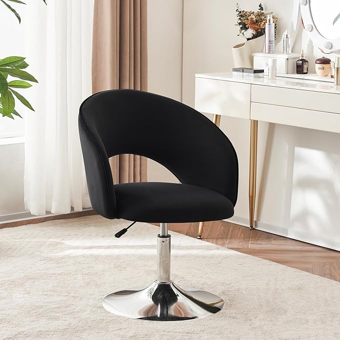 Furnimart Adjustable Black Vanity Chair with Back Velvet Makeup Chair Swivel Accent Chair with Chrome Frame Hollow Backrest Side Chair for Living Room Makeup Room Bedroom (Black)