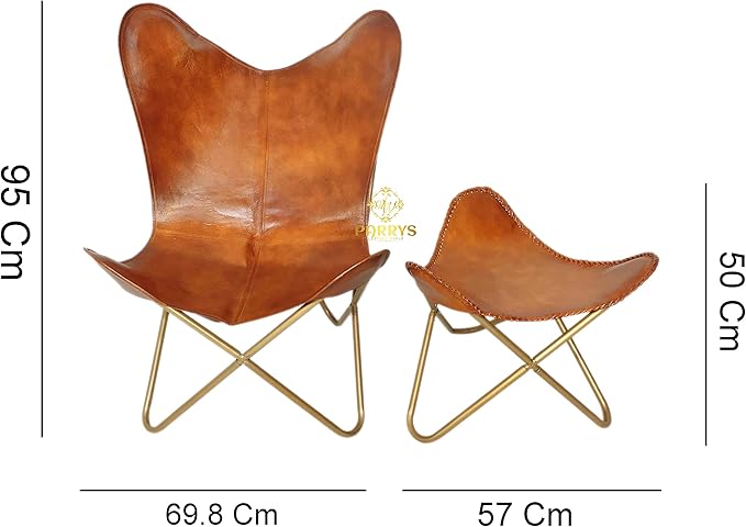 Genuine Brown Leather Butterfly Chair with Foldable Ottoman | Handmade Lounge Relax Arm Chair | Indoor/Outdoor Comfortable Arm Chair with Footrest Foot Stool