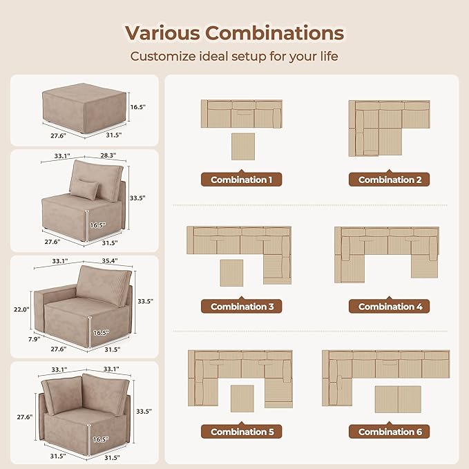Luxuly Modular Sectional Corduroy Sofa Set L Shaped Couch Reversible Chaise Modular Sectional Couch Mix and Match Pieces Aemless Sofa Camel