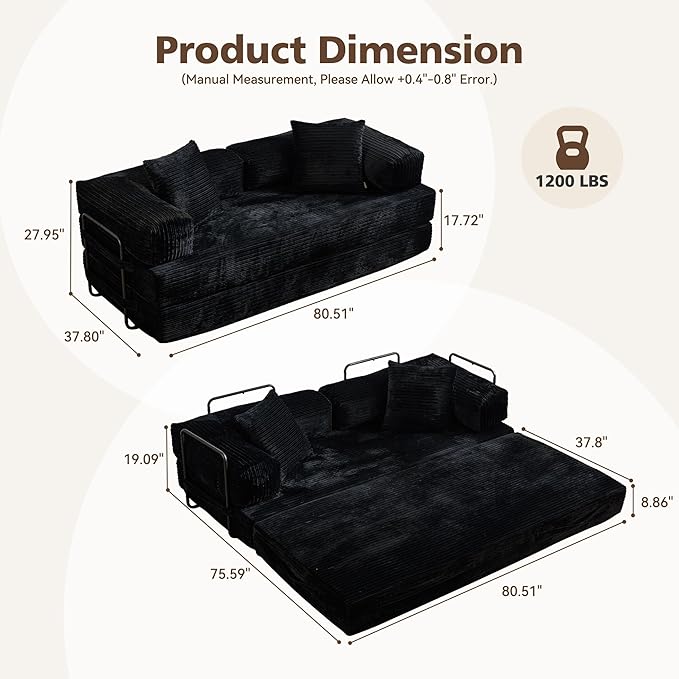 4-in-1 Folding Sofa Bed 78 Oversized Corduroy Sleeper Chair Convertible Loveseat to Floor Bed with Storage Pockets Boneless Design for Living Room Bedroom &amp Small Spaces
