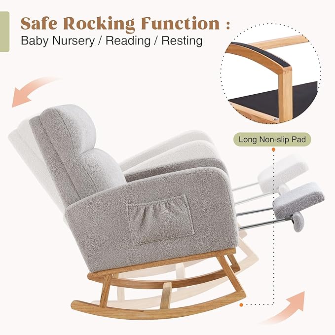 Rocking Chair Nursery with Foot Rest Teddy Nursing Rocking Chairs for Mom Nursery Rocker Glider Chair with Footrest for Living Room Bedroom Light Gray