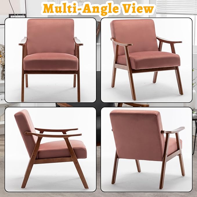 Mid Century Modern Accent Chair Upholstered Armchair Comfy with Wood Legs Siting Chair with Soft Cushion PU Leather Side Chairs for Living Room Bedroom Office (Velvet Rose)