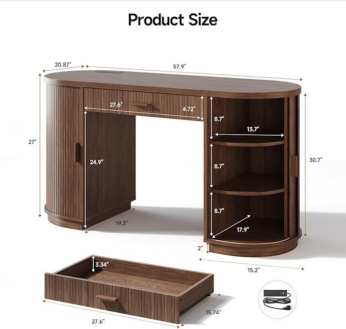 ONBRILL 58 Inch Fluted Executive Desk with Drawers Large Computer Desks with Storage Mid Century Modern Office Desk with Charging Station for Home Office Living Room Bedroom (Walnut)