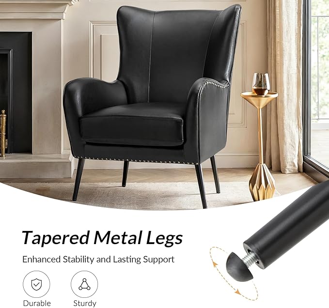 Upholstered Faux Leather Accent Chair with Black Metal Legs Comfy Armchair with Removable Cushion &amp Nailhead Trim Wingback Vanity Chair for Reading Living Room Bedroom