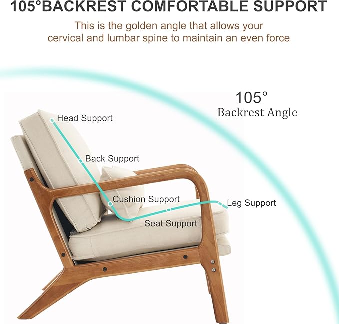 Mid Century Modern Accent Chair with Wood Frame Upholstered Lounge Linen Fabric Armchair Comfy Reading Leisure Chair with Cushion for Living Room Bedroom Balcony (Beige Set of 2)