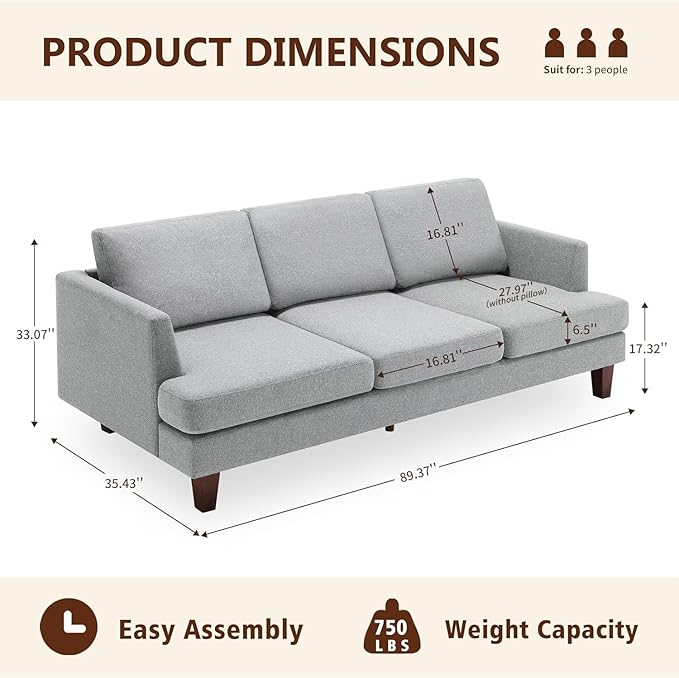 Mid Century Modern Couches for Living Room 89 Comfy Grey Couch Sofa with 3-Seater Deep Seats Upholstered Sofas for Living Room Office Apartment Bedroom