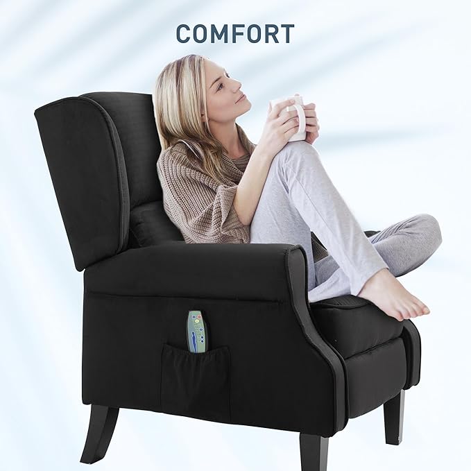 HOMCOM Vibration Massage Recliner Chair for Living Room with Heat Wingback Single Sofa Modern Suede Fabric Push Back Reclining Chair with Footrest Side Pocket Black