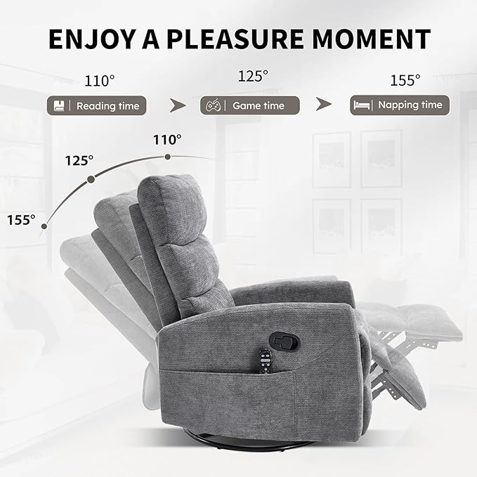 Swivel Recliner with Heat and Massage Rocker Recliner Chair for Living RoomGlider Recliner Nursery Chair with Black Metal Base/Adjustable Backrest and Footrest (Fabric Grey2)