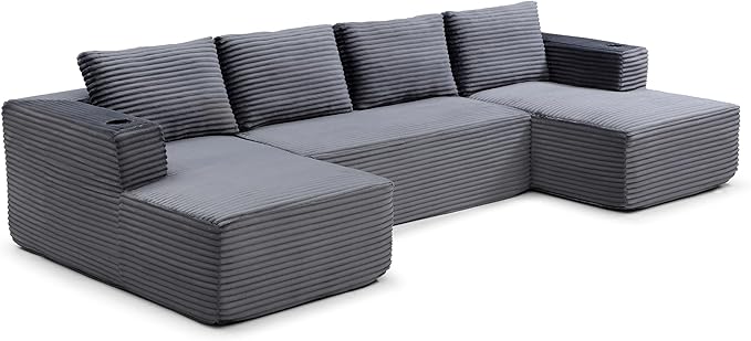 132” Oversized Modular Sectional Sofa Modern Comfy Corduroy U Shaped Couch with Cup Holders Boneless Compressed Memory Foam Cloud Couch for Living Room Office No Assembly Requiredm Grey