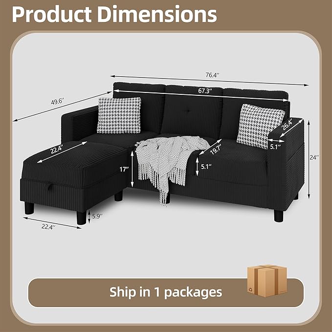 JAMFLY Convertible Sectional Couches for Living Room L-Shaped Couch 3 Seat Sectional Sofa Set with Corduroy Fabric and Movable Ottoman Small Couch for Apartments Office(Black)