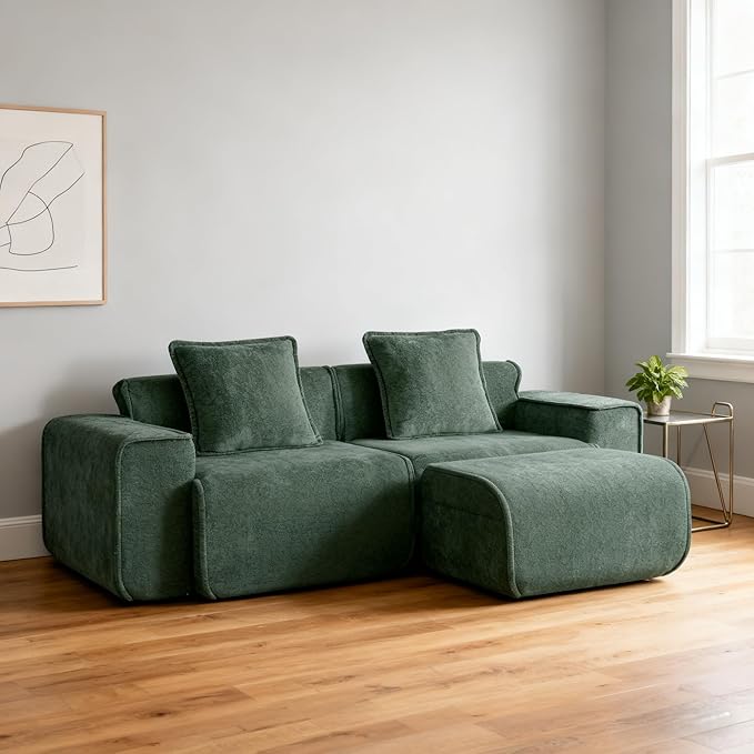 Casaphoria Green Velvet Modular Sofa L-Shaped 2 Seater Sectional with Ottoman &amp 2 Removable Pillows No Assembly Required 78.74 Inch Sofa for Small Apartments &amp Living Rooms