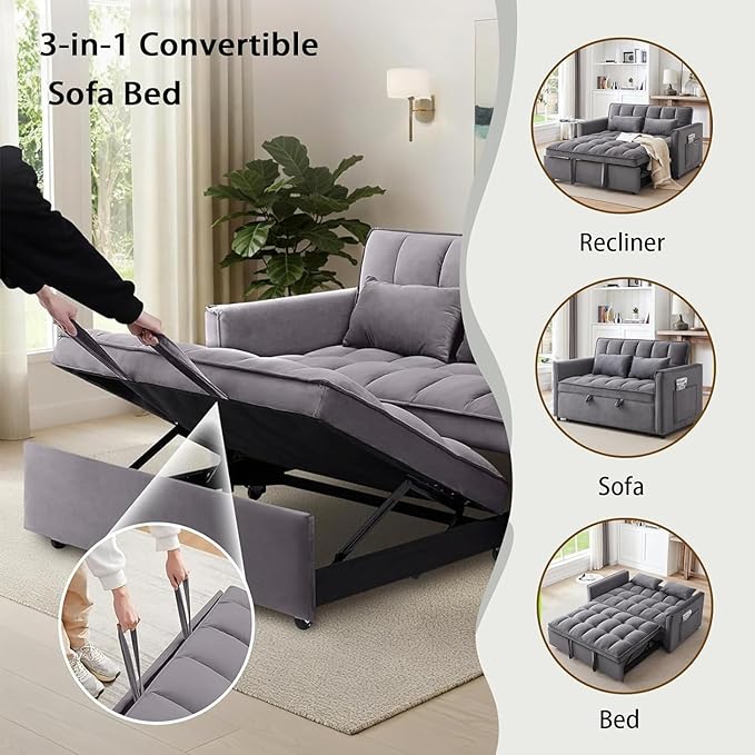 3 in 1 Folding Convertible Sofa Bed 55'' Pull Out Couch Bed with Side Pocket Velvet Fabric Loveseat Sleeper Sofa with Adjustable Backrest Easy AssemblyPerfect for Living Room Grey