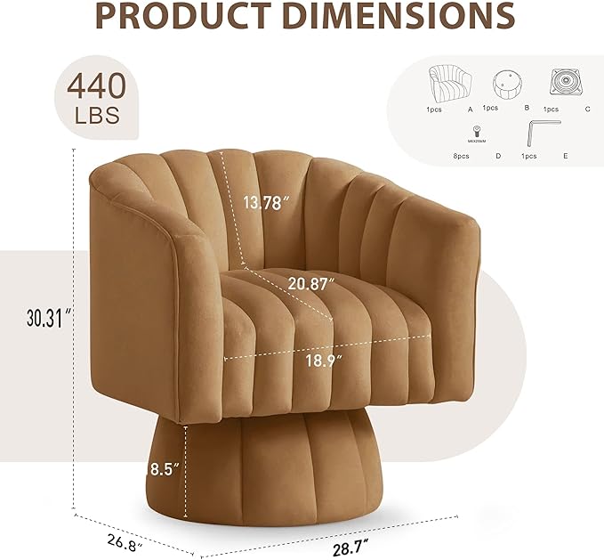 YSICK Swivel Accent Chair360°Swivel Barrel Chairs Mid-Century Chair with Wide Upholstered Modern Velvet Fabric Round Armchair for Living Room Lounge Bedroom