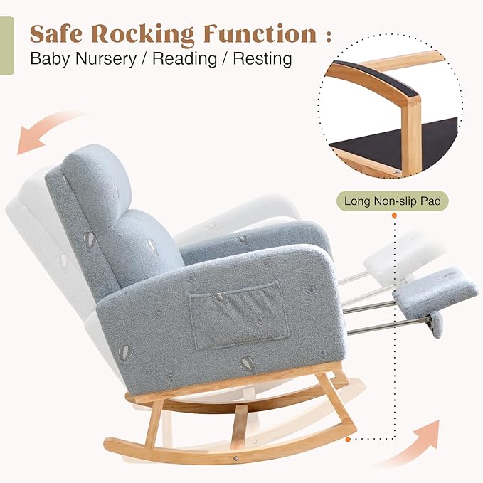 Rocking Chair Nursery with Foot Rest Nursing Rocking Chairs for Mom Breastfeeding Teddy Rocker Glider Chair with High Backrest for Living Room Bedroom Blue Printed