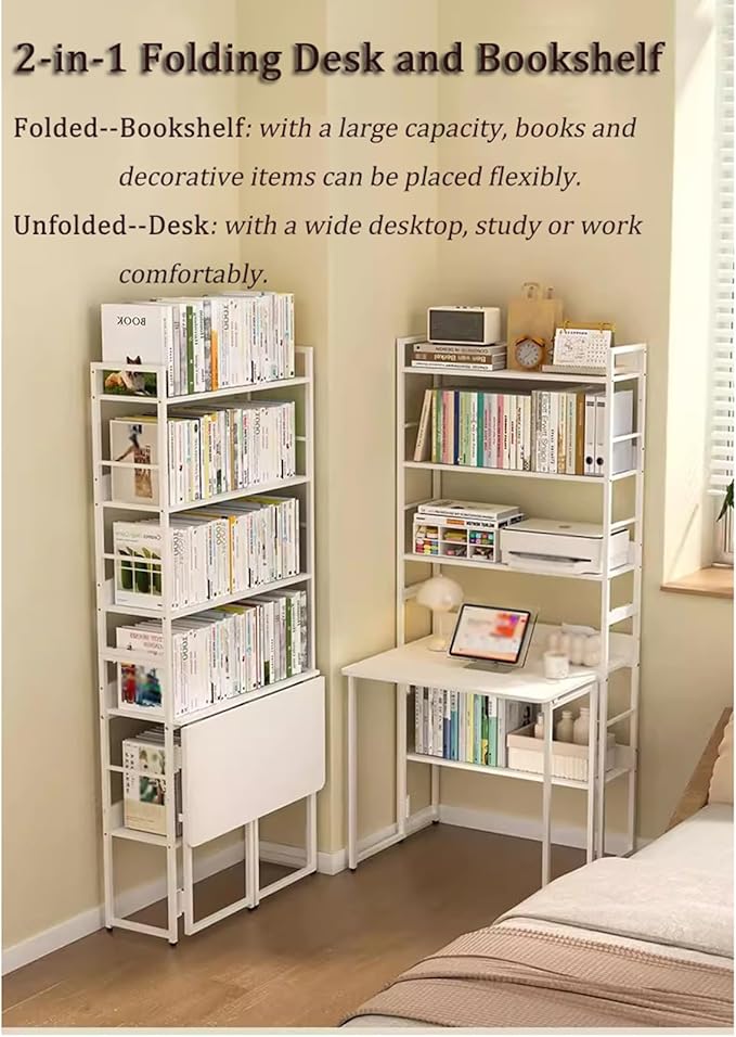2-in-1 Bookshelf Desk Combo Folding Desk with Storage Shelf 5 Tier Bookshelf with Foldable Table White Carbon Steel Storage Rack with Wood Writing Desks for Home Office (23.6″)