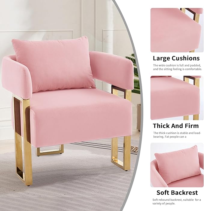 YISHENG Modern Barrel Accent Chairs Set of 2 Living Room Side Chairs with Golden Metal Legs Velvet Upholstered Reading Armchairs no Wheels for Vanity/Reception Room//Bedroom/Lounge/Office Pink