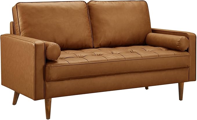 Modway Valour 62 Inch Faux Leather Loveseat in Tan – Wide Faux Leather Loveseat Sofa with Wood Legs - Small 2-Seater Sofa with Tufted Seat for Living Room or Office