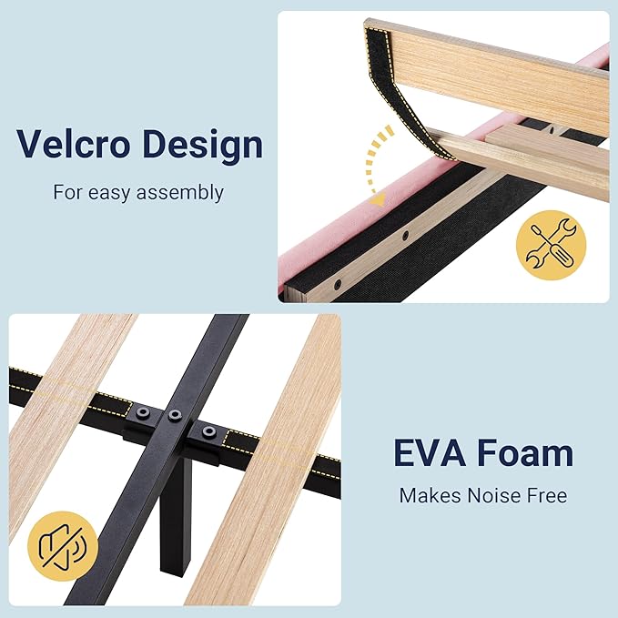 Allewie Full Size Platform Bed Frame with Velvet Upholstered Headboard and Wooden Slats Support Fully Upholstered Mattress Foundation/No Box Spring Needed/Easy Assembly Pink