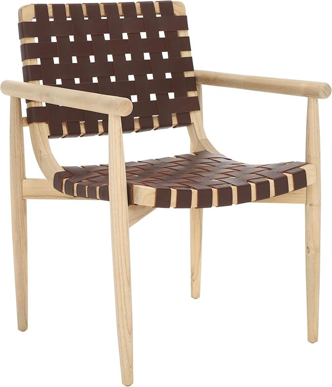 SAFAVIEH Home Collection Dionne Natural Sungkai Solid Wood/Cognac Brown Leather Woven Accent Chair (Fully Assembled)